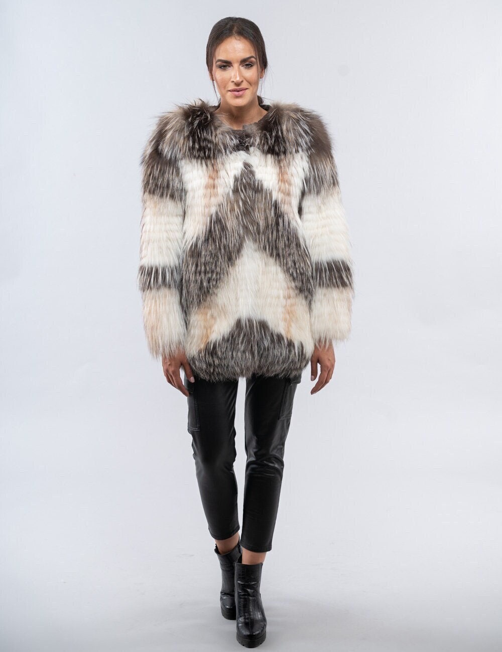 Fluffy Two Colored Real Fox Fur Jacket in a White and Brown Color