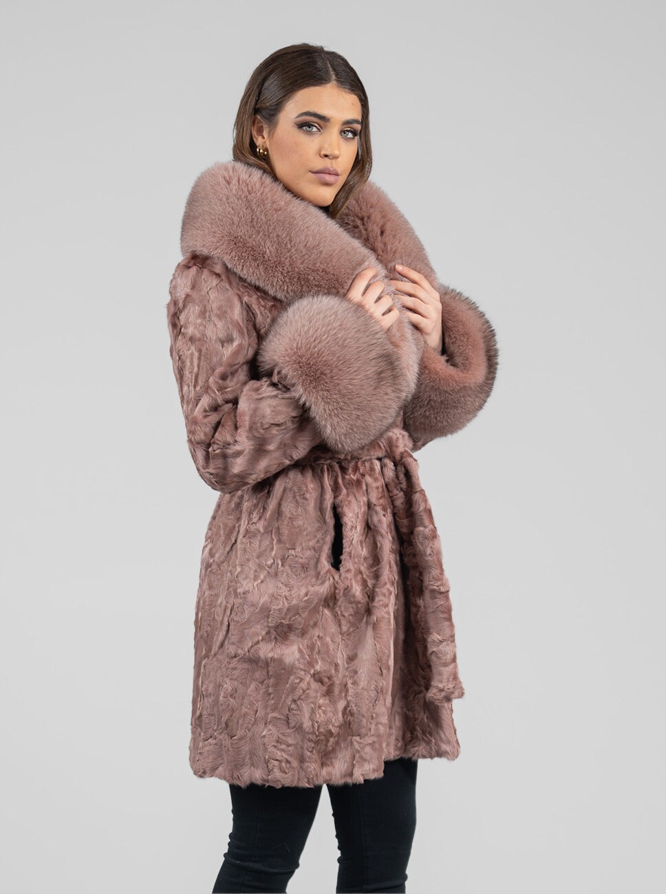 Salmon Real Astrakhan Fur Coat With Fluffy Fox Fur Collar and