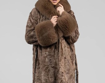 Long Line Brown Real Astrakhan Fur Coat. Fox Fur Collar and Cuffs
