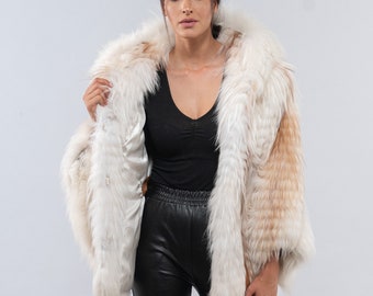 Fluffy Real Fox Fur Cape With Hood and Leather Belt. Winter Fluffy Real Fox Fur Cape With Hood and Leather Belt. Winter