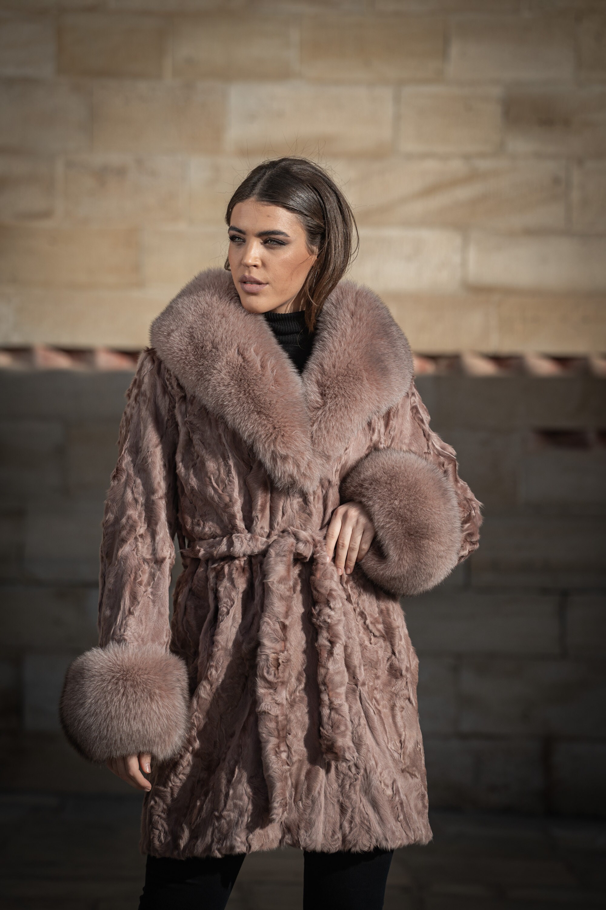 Salmon Real Astrakhan Fur Coat With Fluffy Fox Fur Collar and