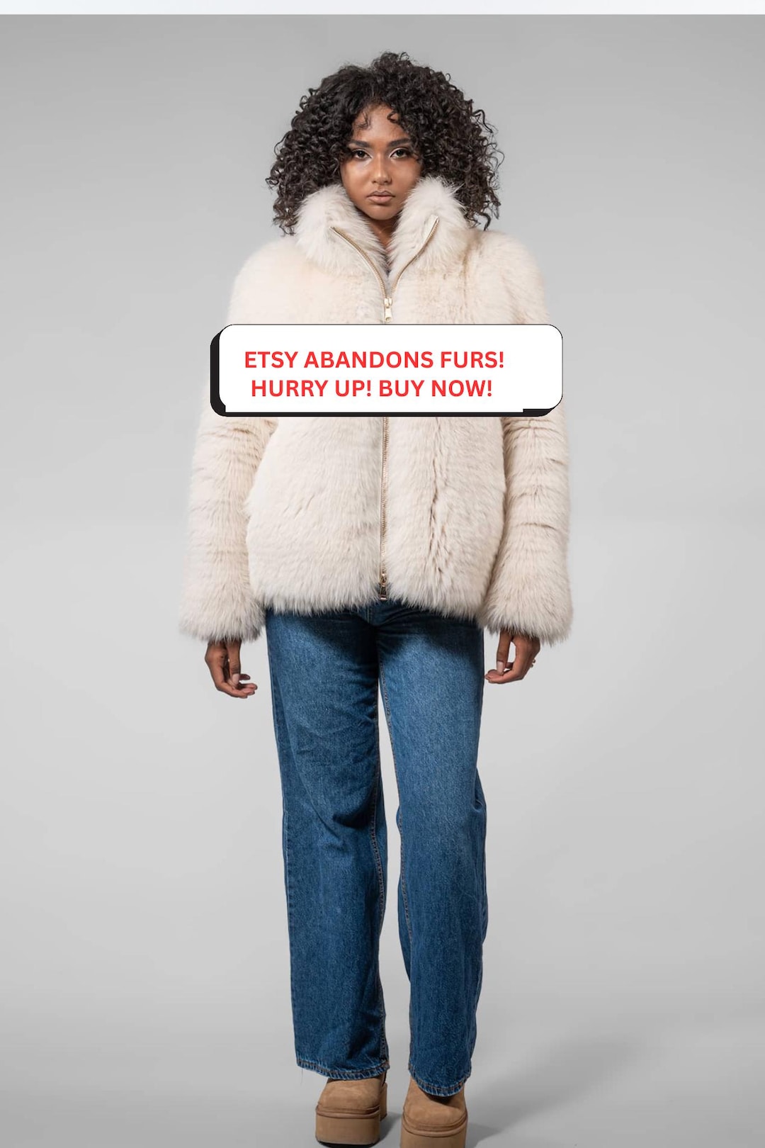 Ivory Fluffy Real Fox Fur Jacket With Zipper Closure. Full Skin