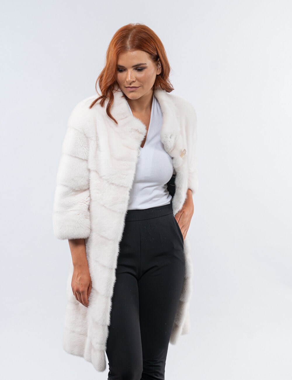 Real fur coat with 3/4 sleeves in a natural white color. Etsy