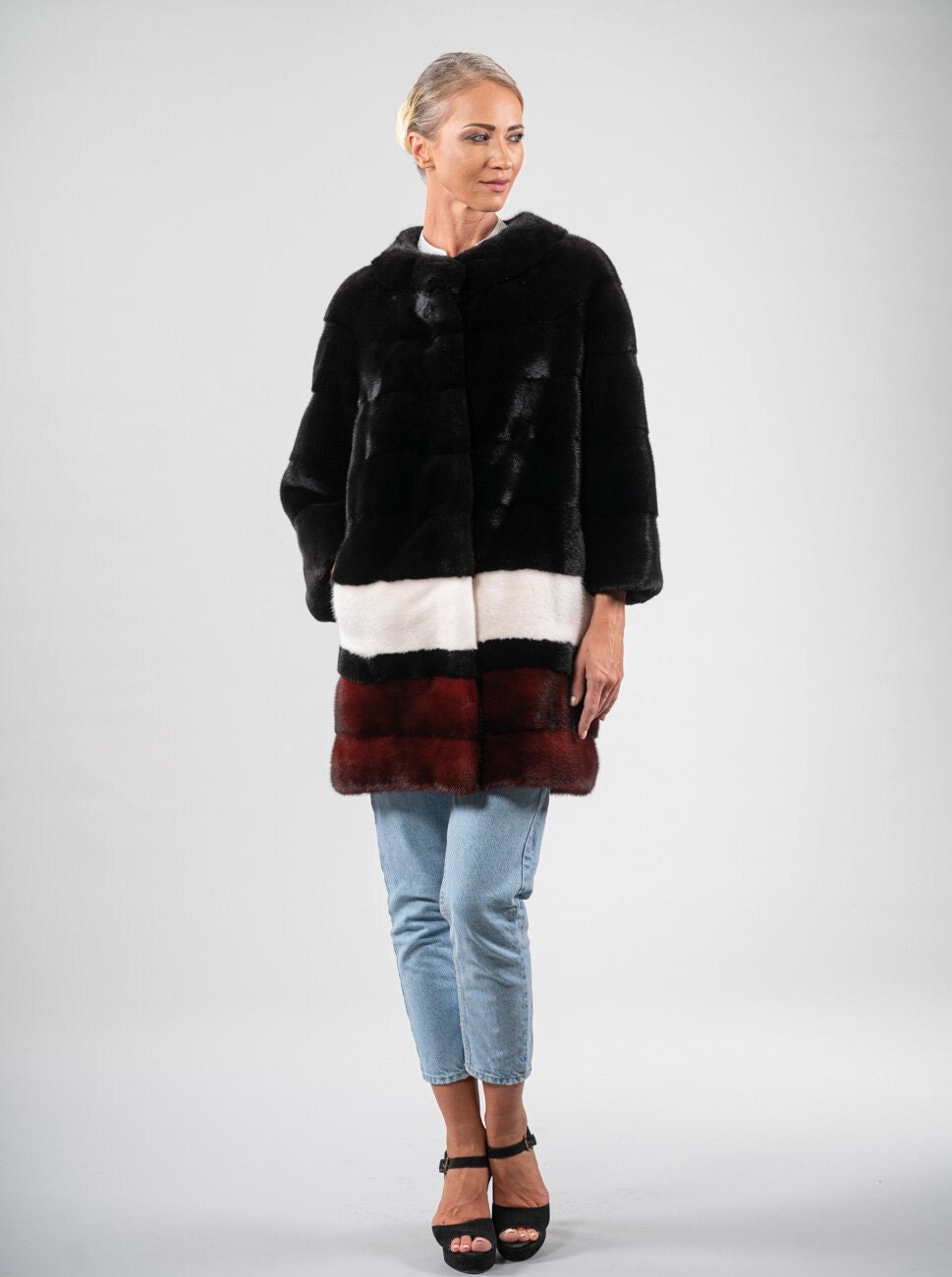 コペンハーゲンファー バーガンディ 7分袖 フーデッド ファーコート LL レディース-高級毛皮-特集-KOPENHAGEN［コペンハーゲン］｜三京