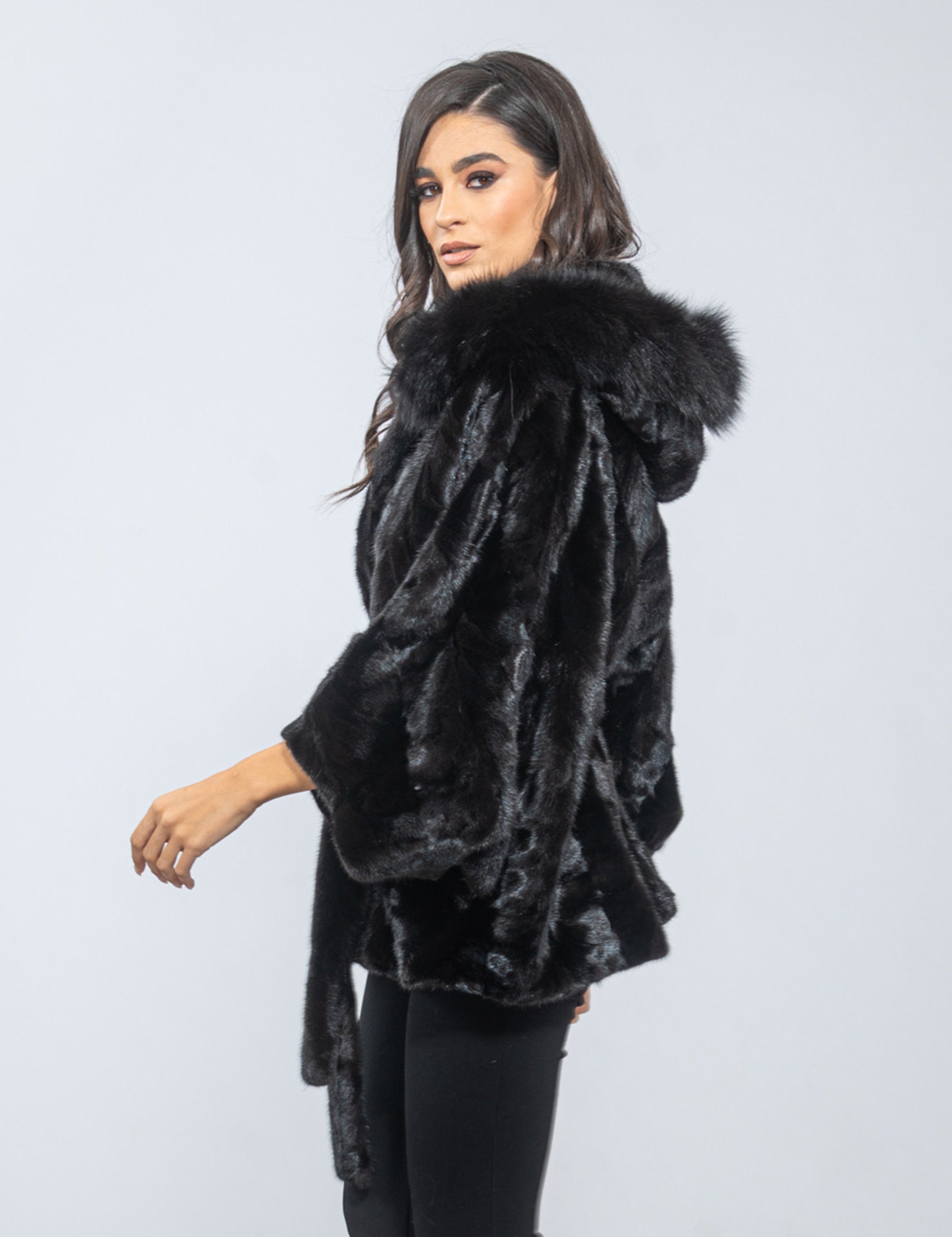 Hooded Black Mink Fur cape with attached fur belt