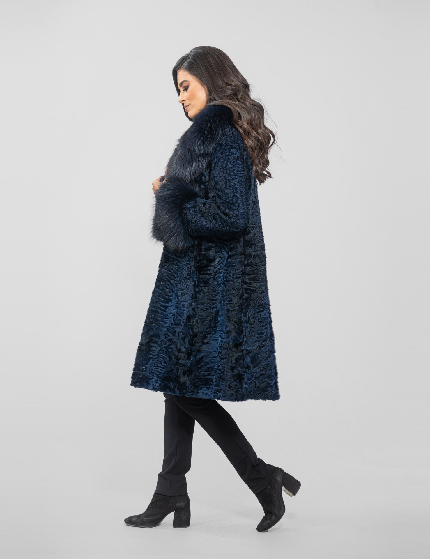 Long Line Dark Blue Astrakhan Fur Coat With Real Fox Fur and Belt