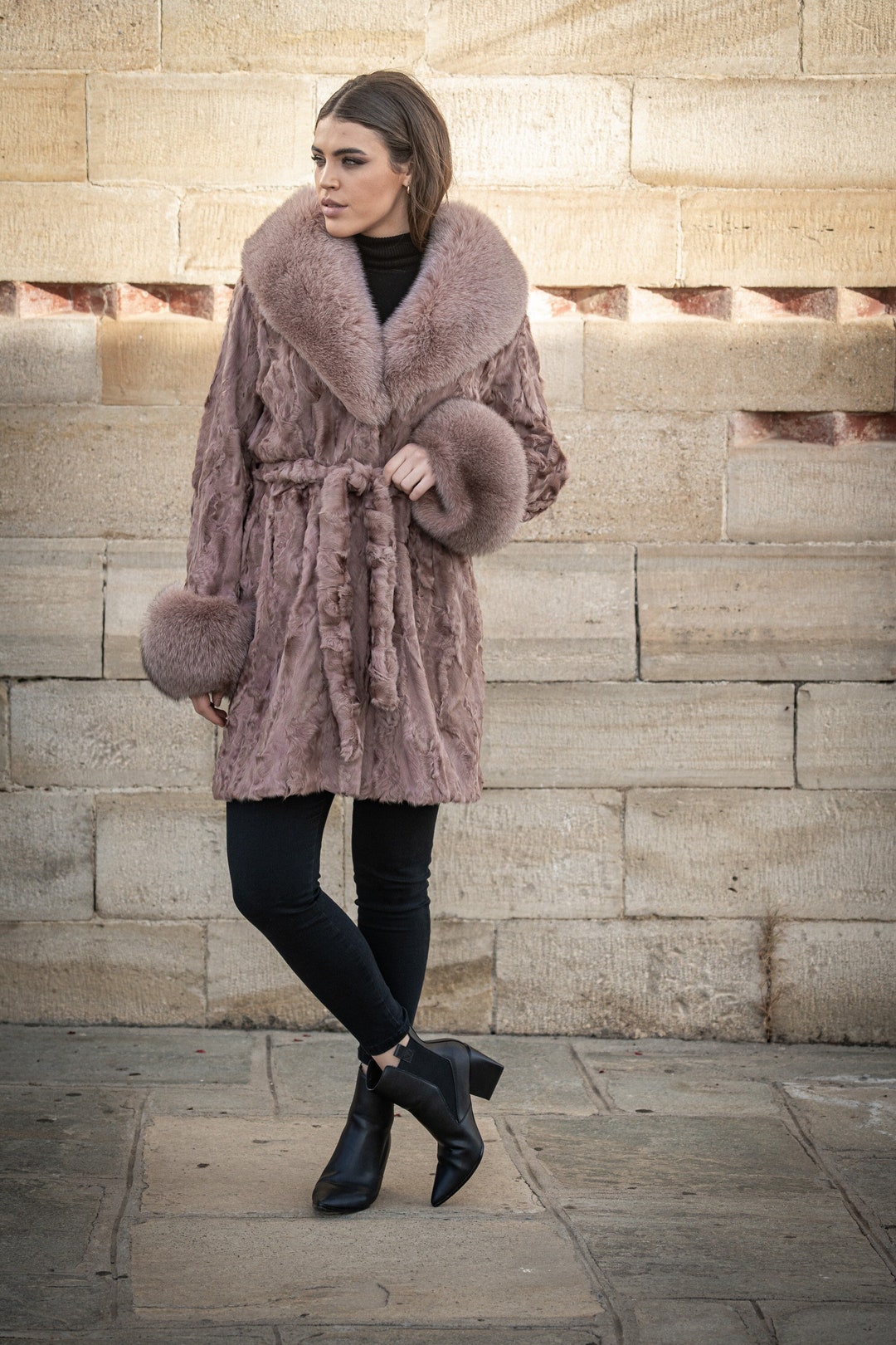 Salmon Real Astrakhan Fur Coat With Fluffy Fox Fur Collar and