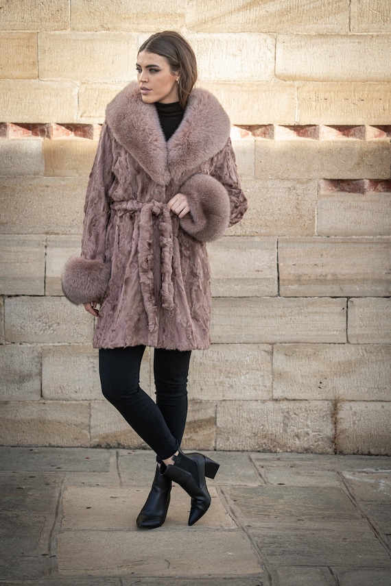 Salmon Real Astrakhan Fur Coat With Fluffy Fox Fur Collar and