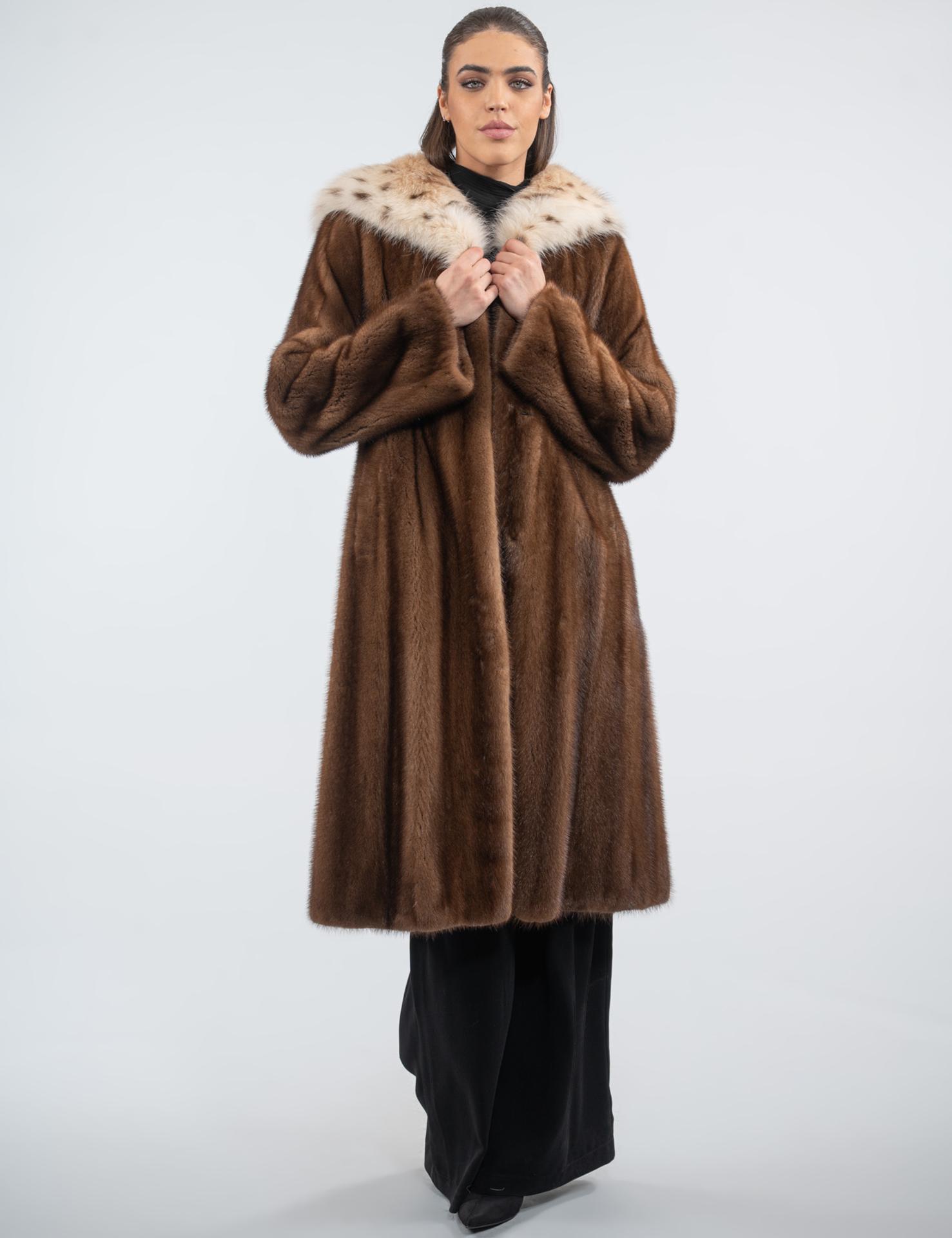 Long Line Demi Buff Real Mink Fur Coat With Hood. Brown Full Skin