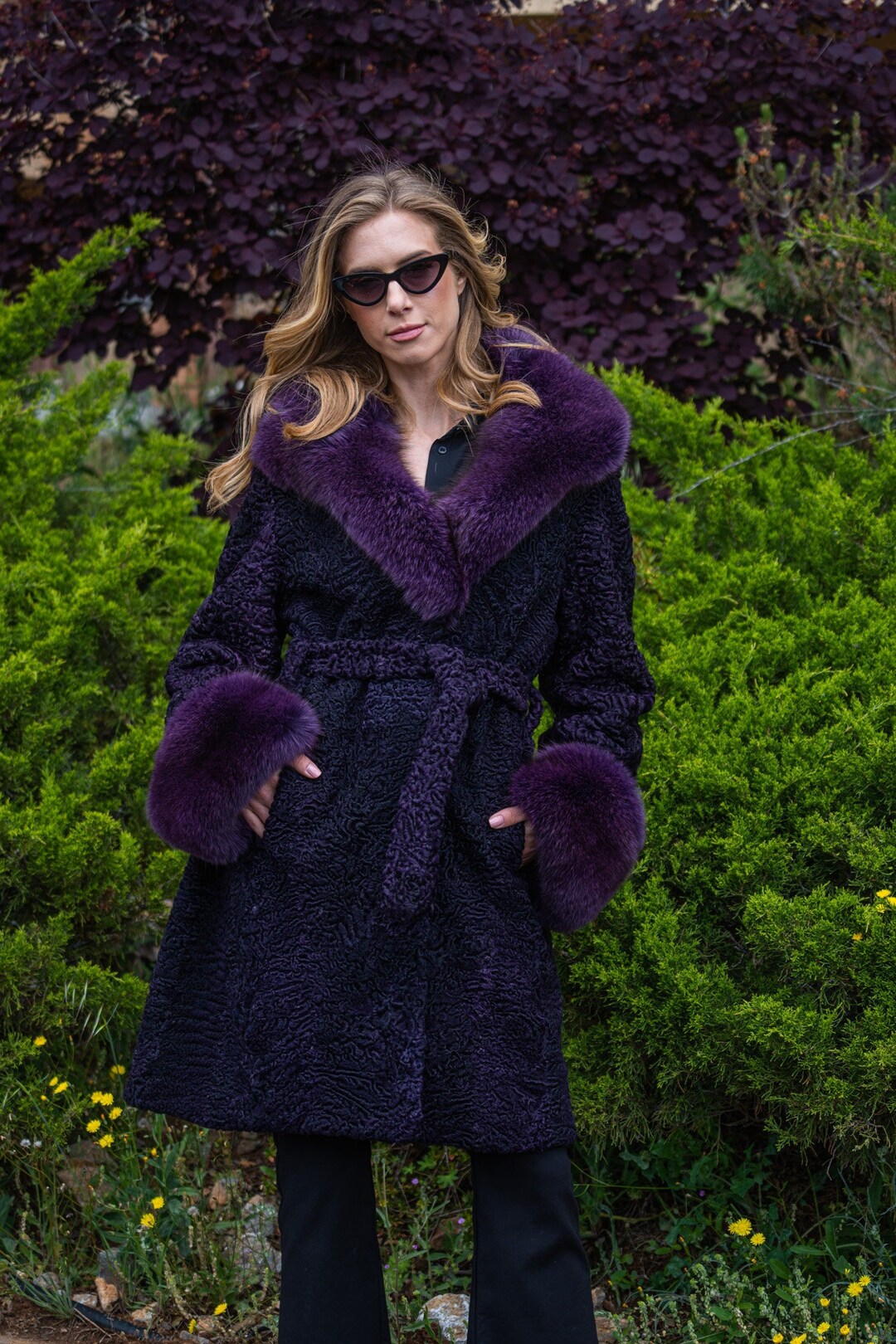 Long Line Purple Astrakhan Fur Coat With Fluffy Fox Fur Collar and