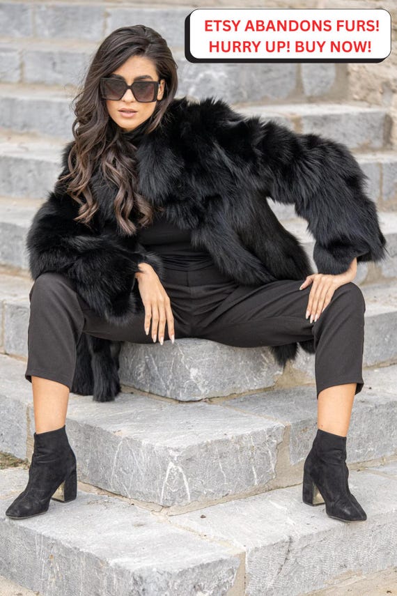 Warm Black Fox Fur Coat, Stand Collar. Fluffy Fur Outerwear