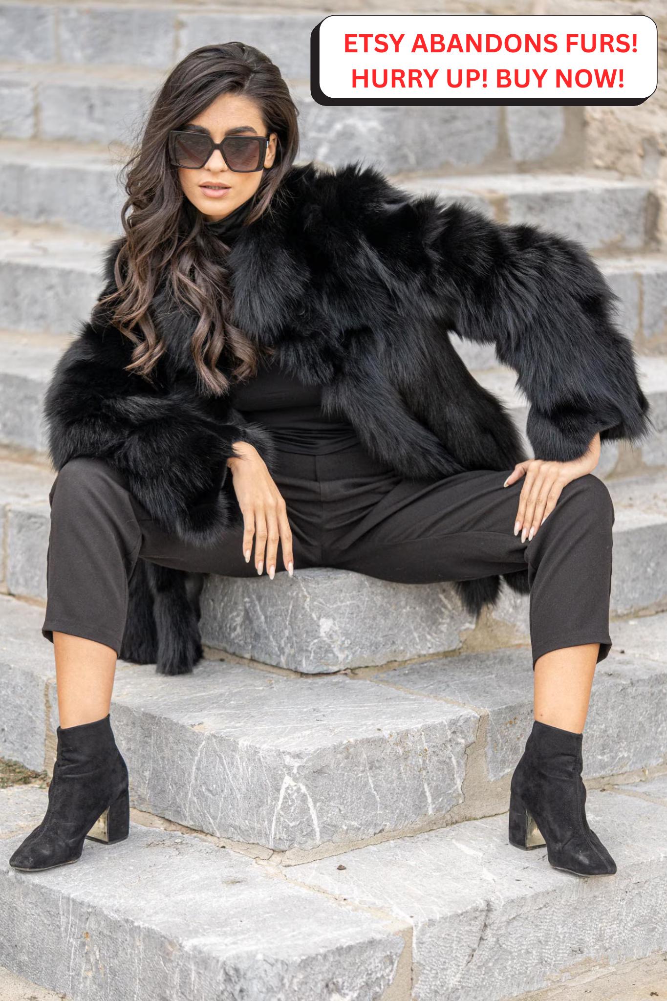 Warm Black Fox Fur Coat, Stand Collar. Fluffy Fur Outerwear