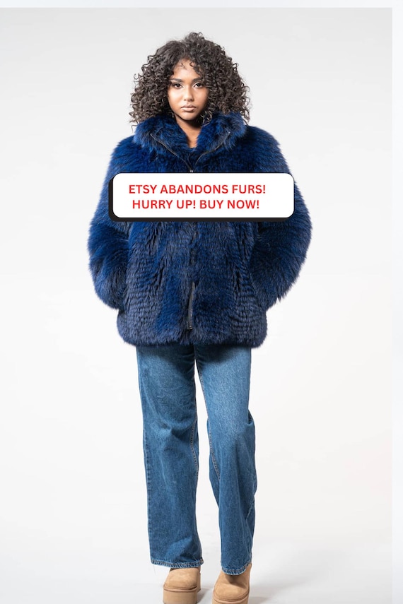 Blue Real Fox Fur Jacket With Zipper Closure. Full Skin Women's