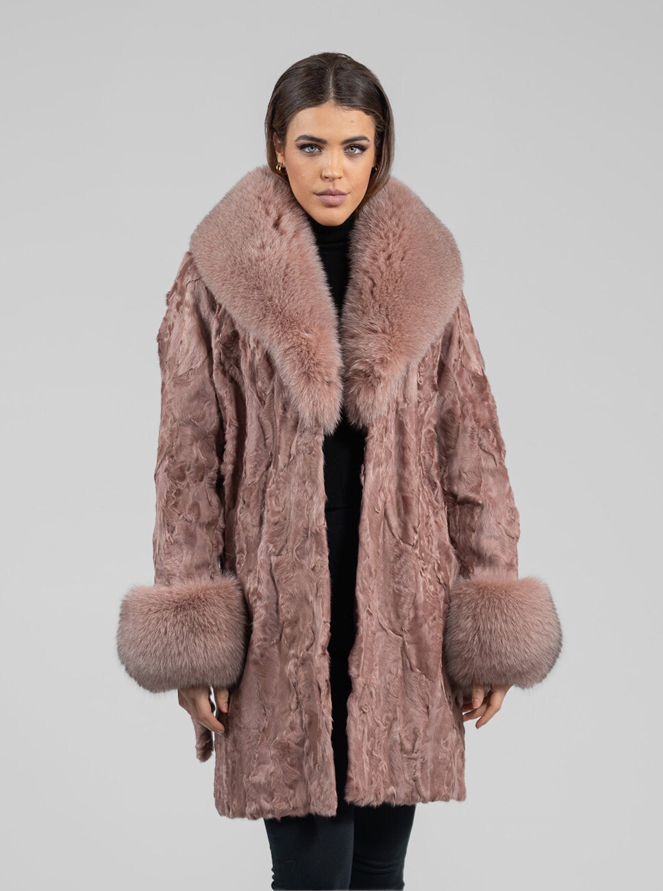 Salmon Real Astrakhan Fur Coat With Fluffy Fox Fur Collar and