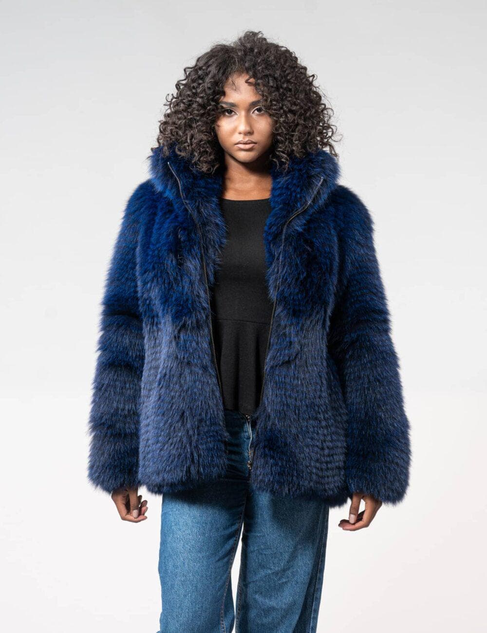 Blue Real Fox Fur Jacket With Zipper Closure. Full Skin Women's