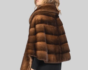 ONE SIZE Light Brown Real Mink Fur Stole. Luxury Winter Wedding