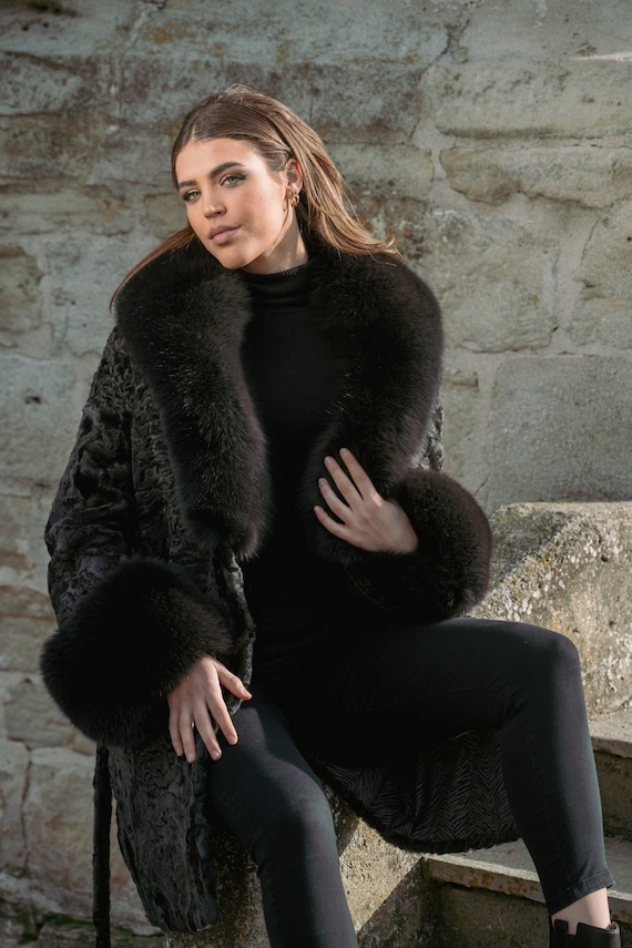 Black Grey Real Astrakhan Fur Coat With Fluffy Fox Fur Collar and