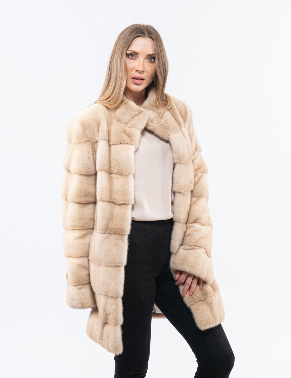 Beige Saga Real Mink Fur Coat With Stand Collar, Comfortable Line