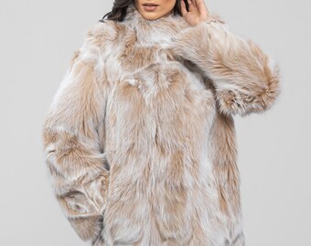 Fox Fur Coat With Stand Collar. Fluffy Beige and White Fox Fur