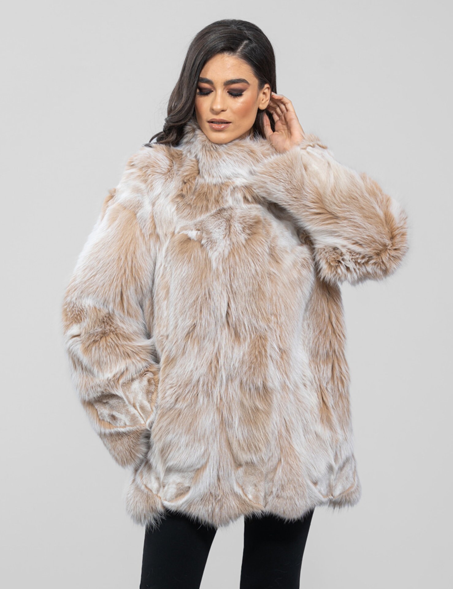 Fox Fur Coat With Stand Collar. Fluffy Beige and White Fox Fur