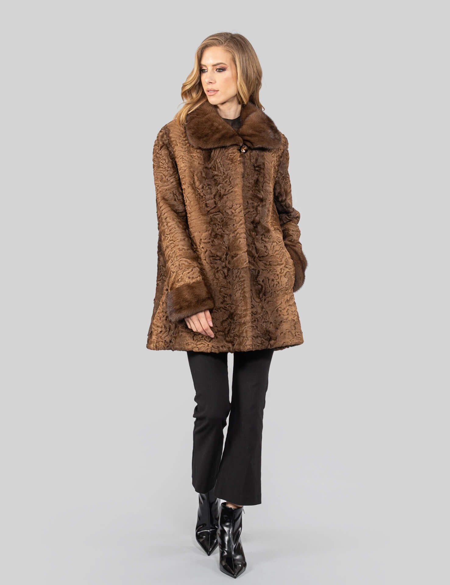 Light Brown Real Astrakhan Fur Coat With Mink Fur Collar and Cuffs