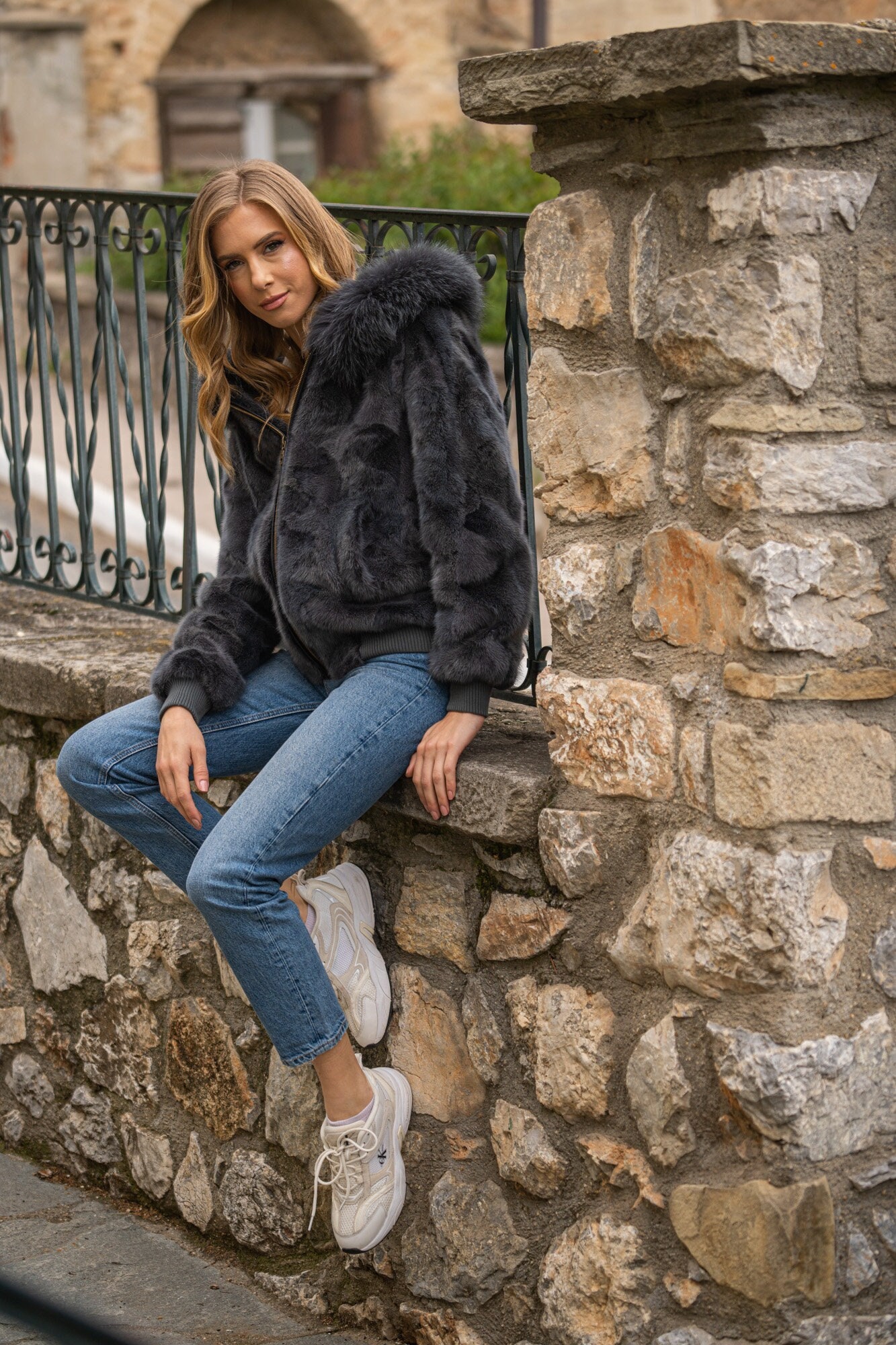 Grey Real Mink Fur Bomber Jacket With Hood and Fluffy Fox Fur