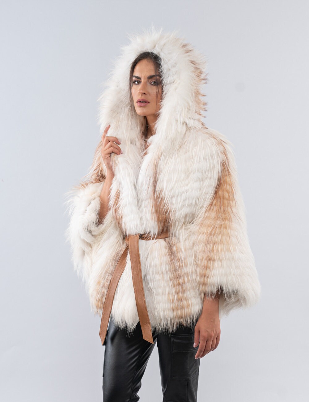 Fluffy Real Fox Fur Cape With Hood and Leather Belt. Winter Fluffy Real Fox Fur Cape With Hood and Leather Belt. Winter