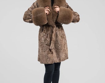 Long Line Brown Real Astrakhan Fur Coat. Fox Fur Collar and Cuffs