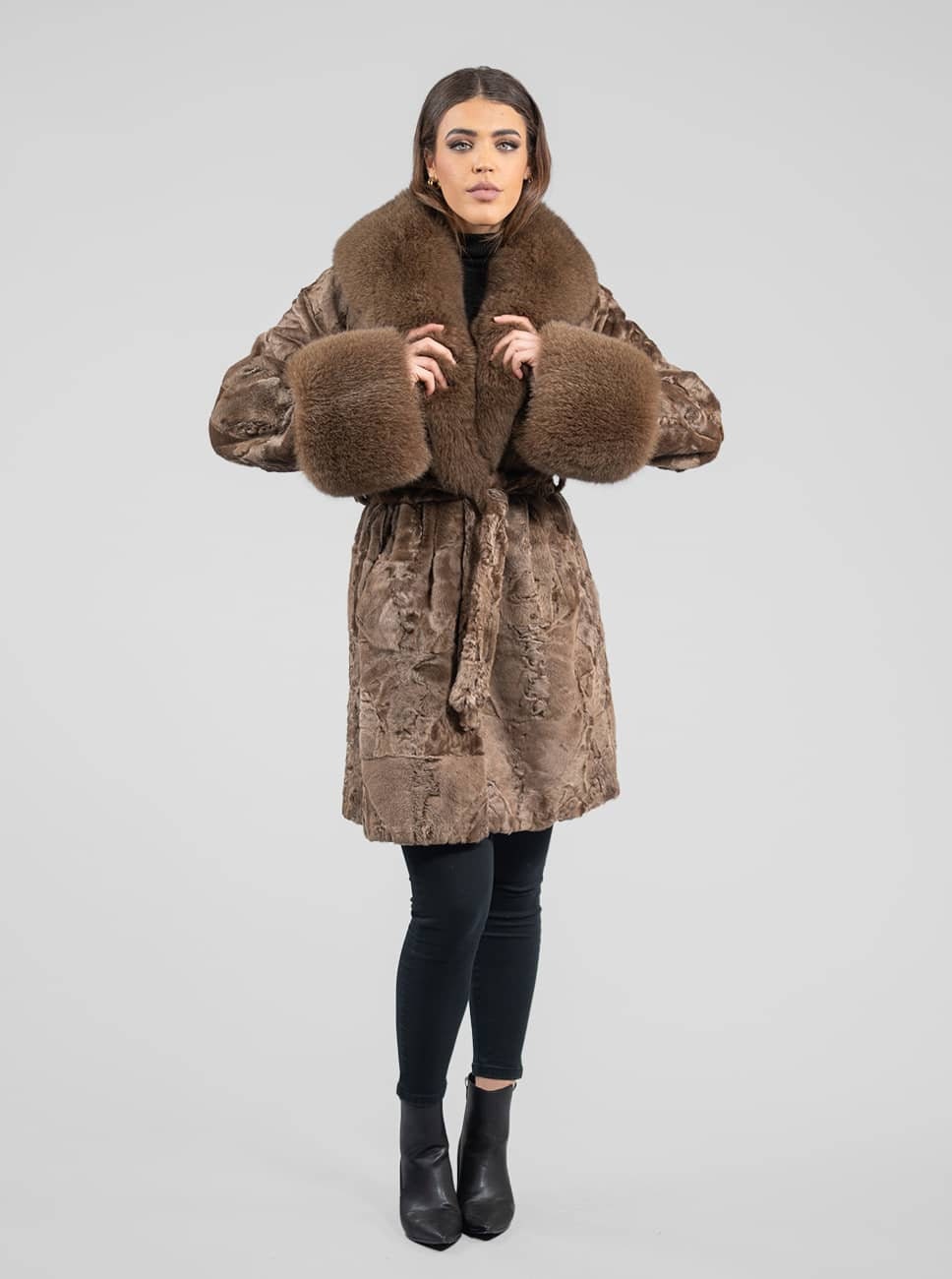 Long Line Brown Real Astrakhan Fur Coat. Fox Fur Collar and Cuffs
