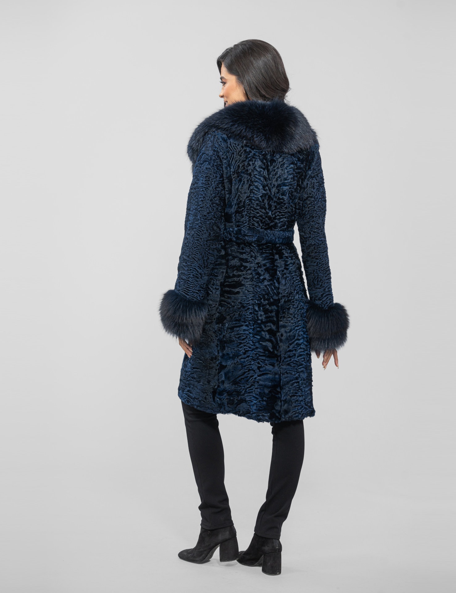 Long Line Dark Blue Astrakhan Fur Coat With Real Fox Fur and Belt