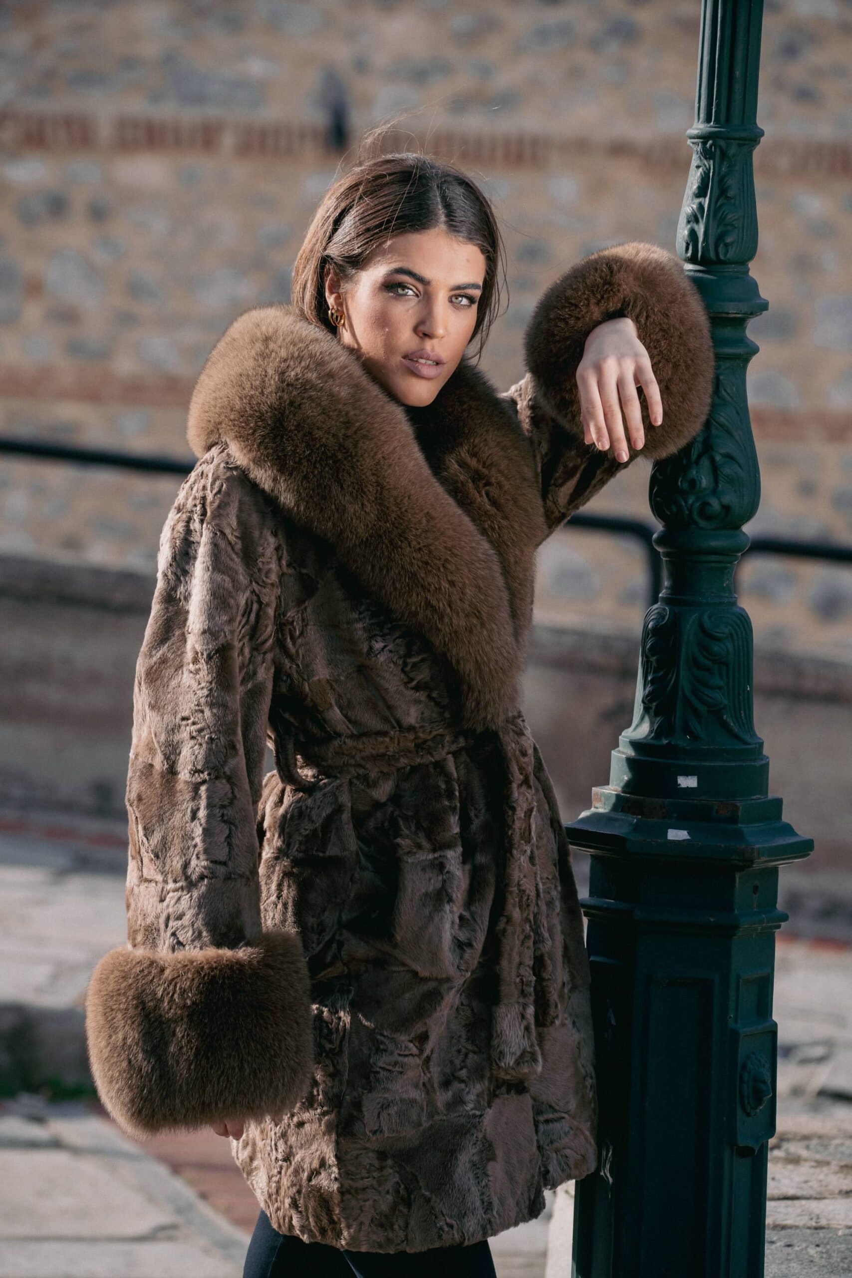 Long Line Brown Real Astrakhan Fur Coat. Fox Fur Collar and Cuffs