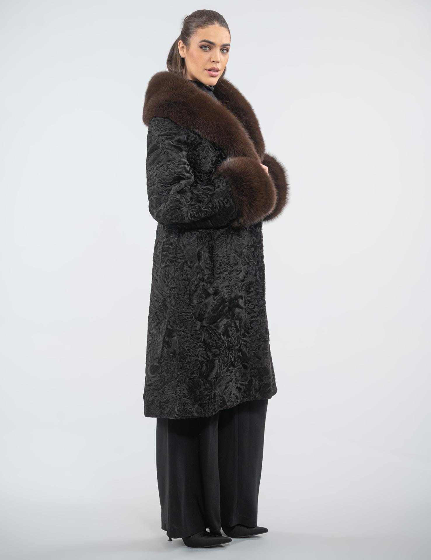 Long Line High Quality Real Astrakhan Fur Coat in Dark Brown Color 