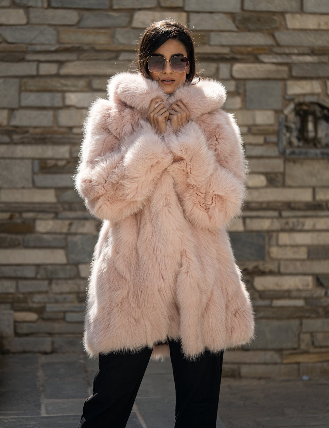 Long Line Fluffy Pink Fox Fur Coat With Hood. Super Warm