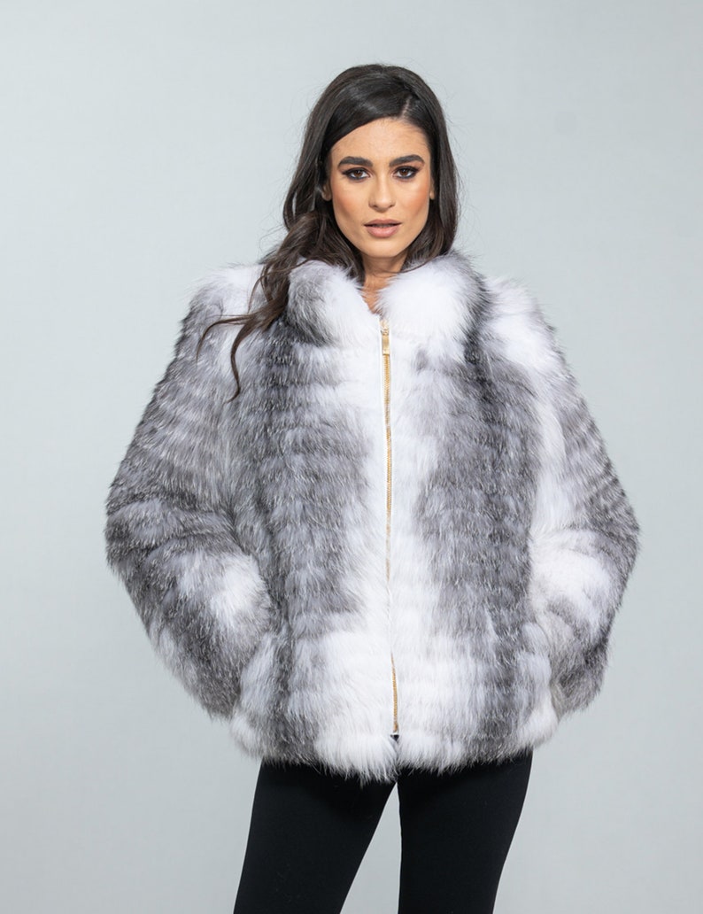Arctic Marble Fox Fur Jacket. Natural color full skin real fox fur, winter jacket, impressive women's outerwear, warm jacket. Gift for her. image 3