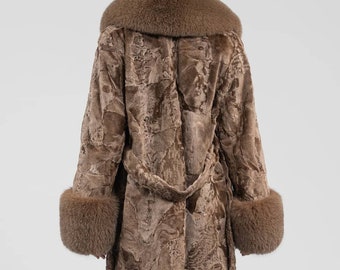 Long Line Brown Real Astrakhan Fur Coat. Fox Fur Collar and Cuffs