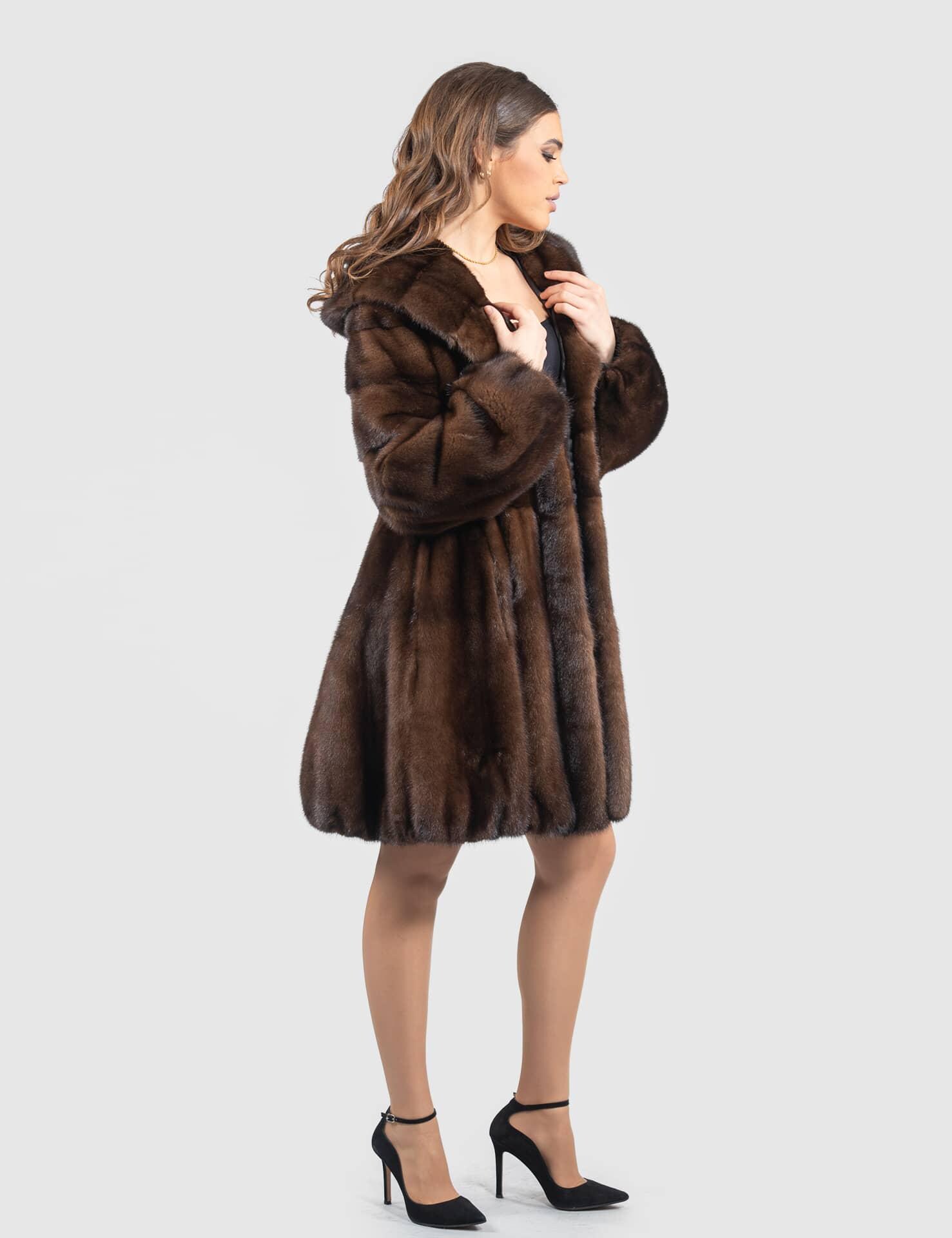 Demi – Buff Real Mink Fur Coat With Hood in a Baloo Line. Natural