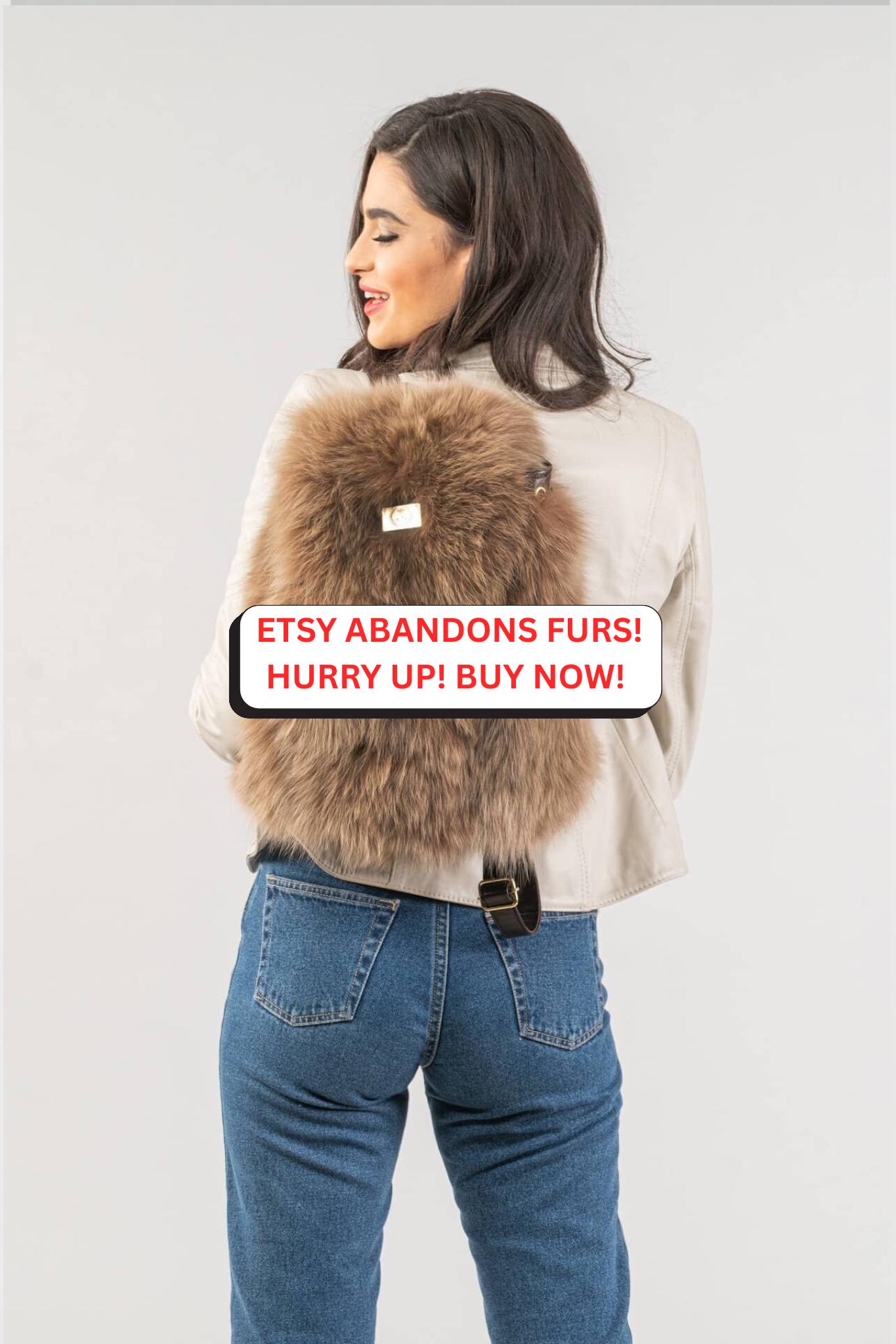 Beige-brown Real Fox Fur Backpack With Genuine Brown Leather to