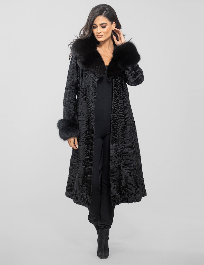 Long Line Black Astrakhan Fur Coat With Real Fox Fur and Belt. Swakara