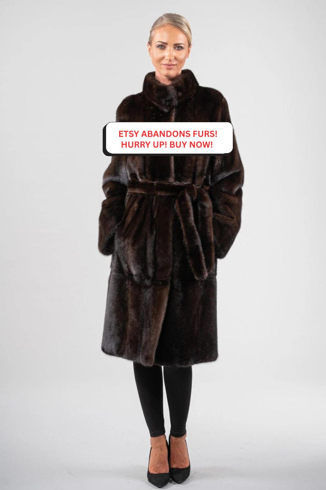 Long Dark Brown Saga Mink Fur Coat With Belt. Full Skin Real Mink