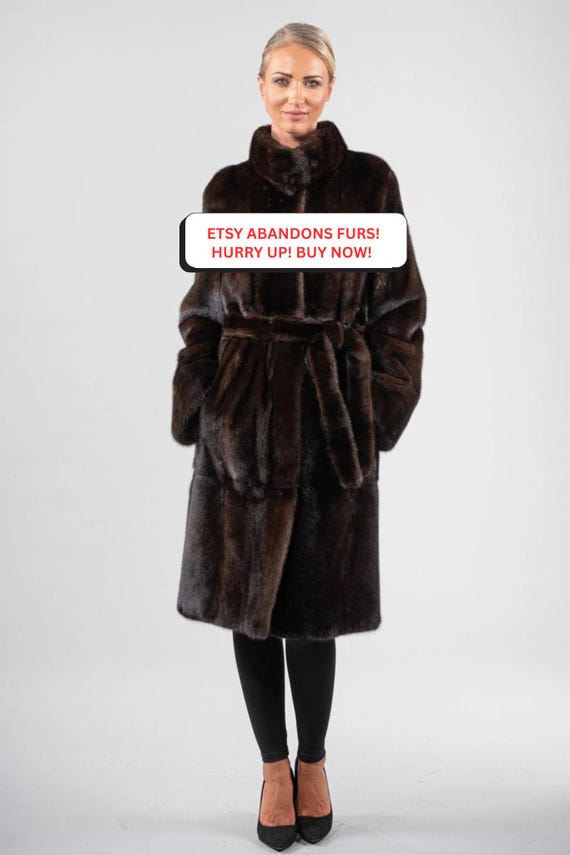 Long Dark Brown Saga Mink Fur Coat With Belt. Full Skin Real Mink