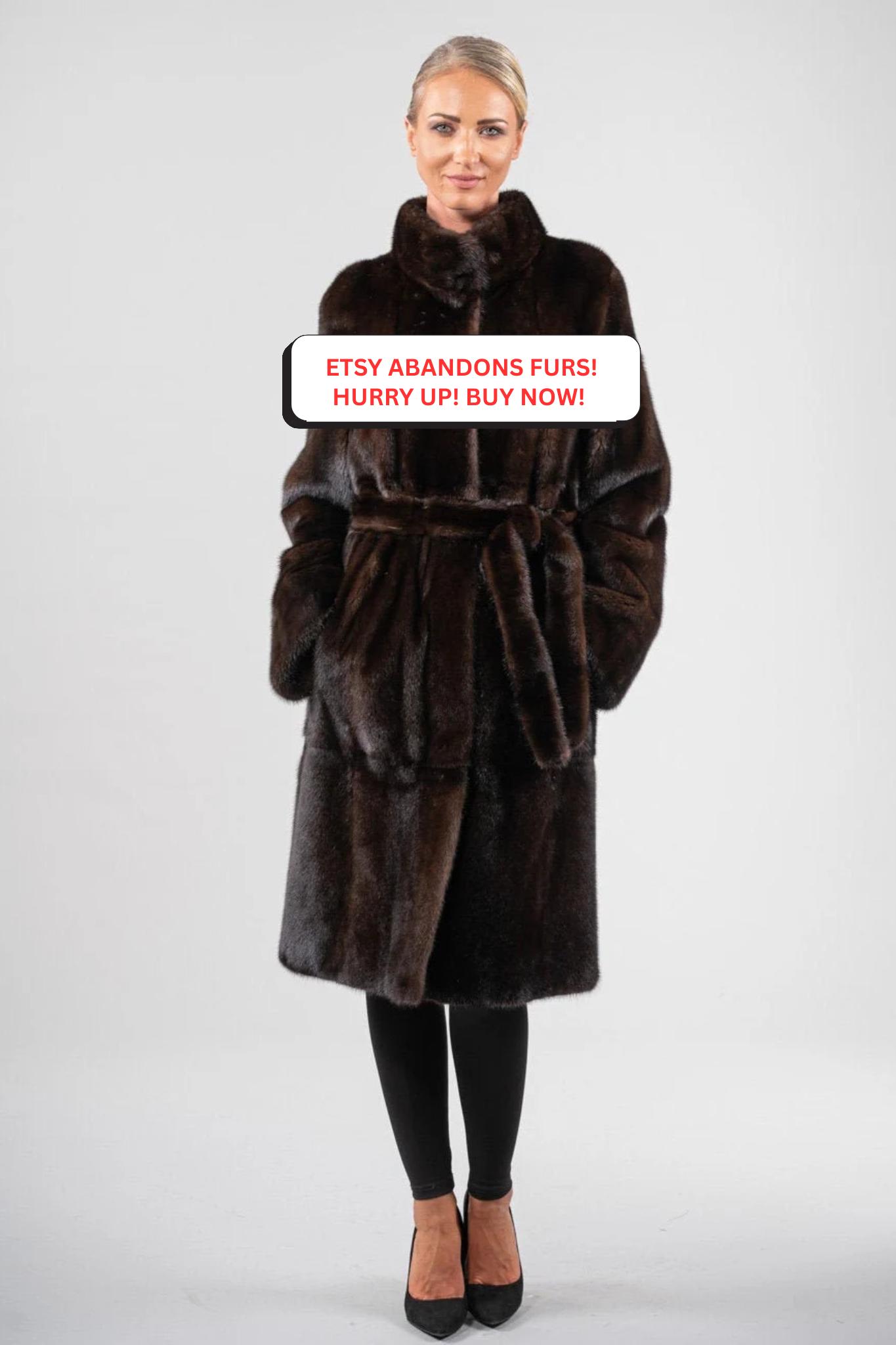 Long Dark Brown Saga Mink Fur Coat With Belt. Full Skin Real Mink