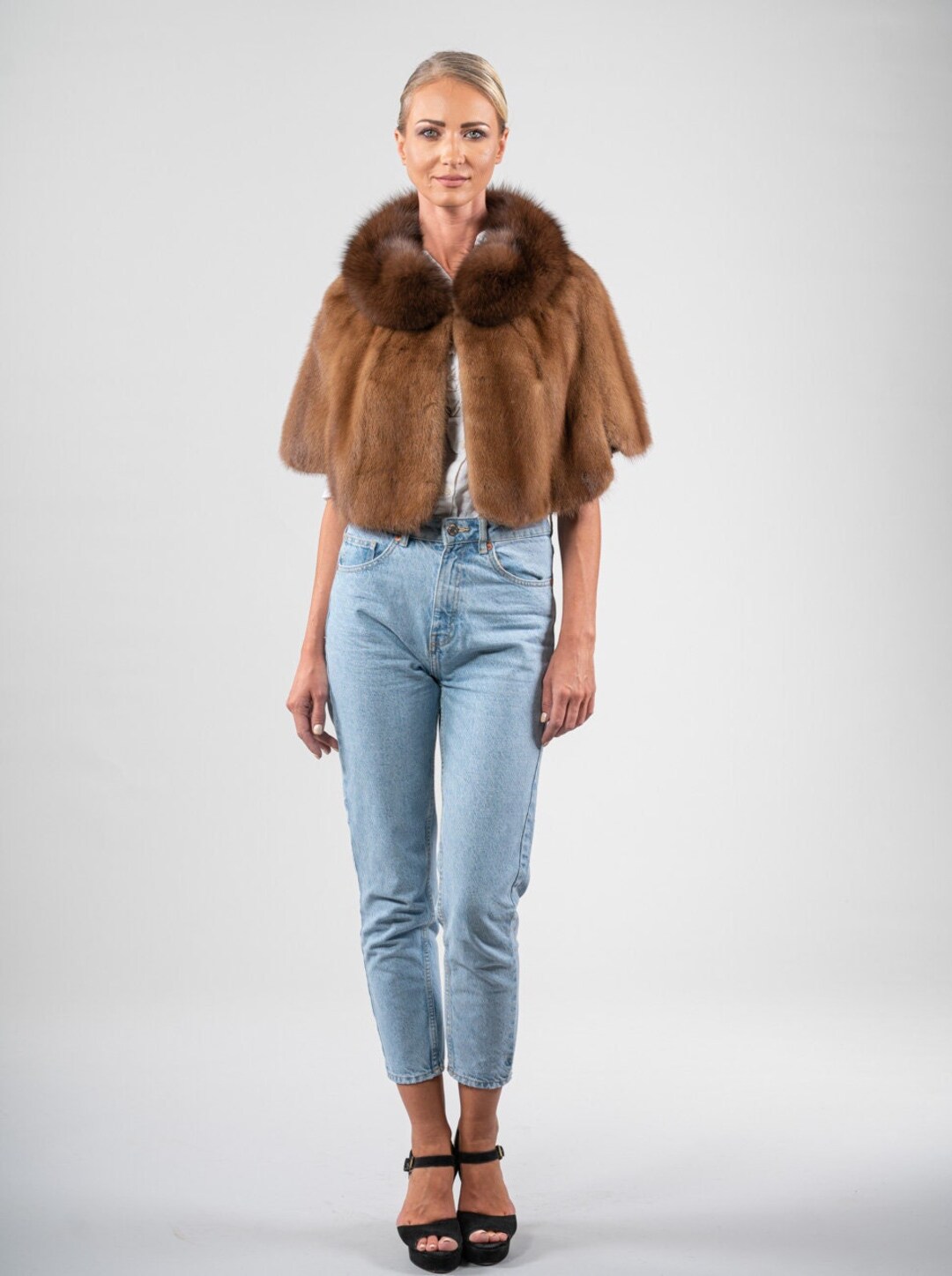 ONE SIZE Demi Buff Real Mink Fur Cape With Real Sable Marten Fur Collar ...