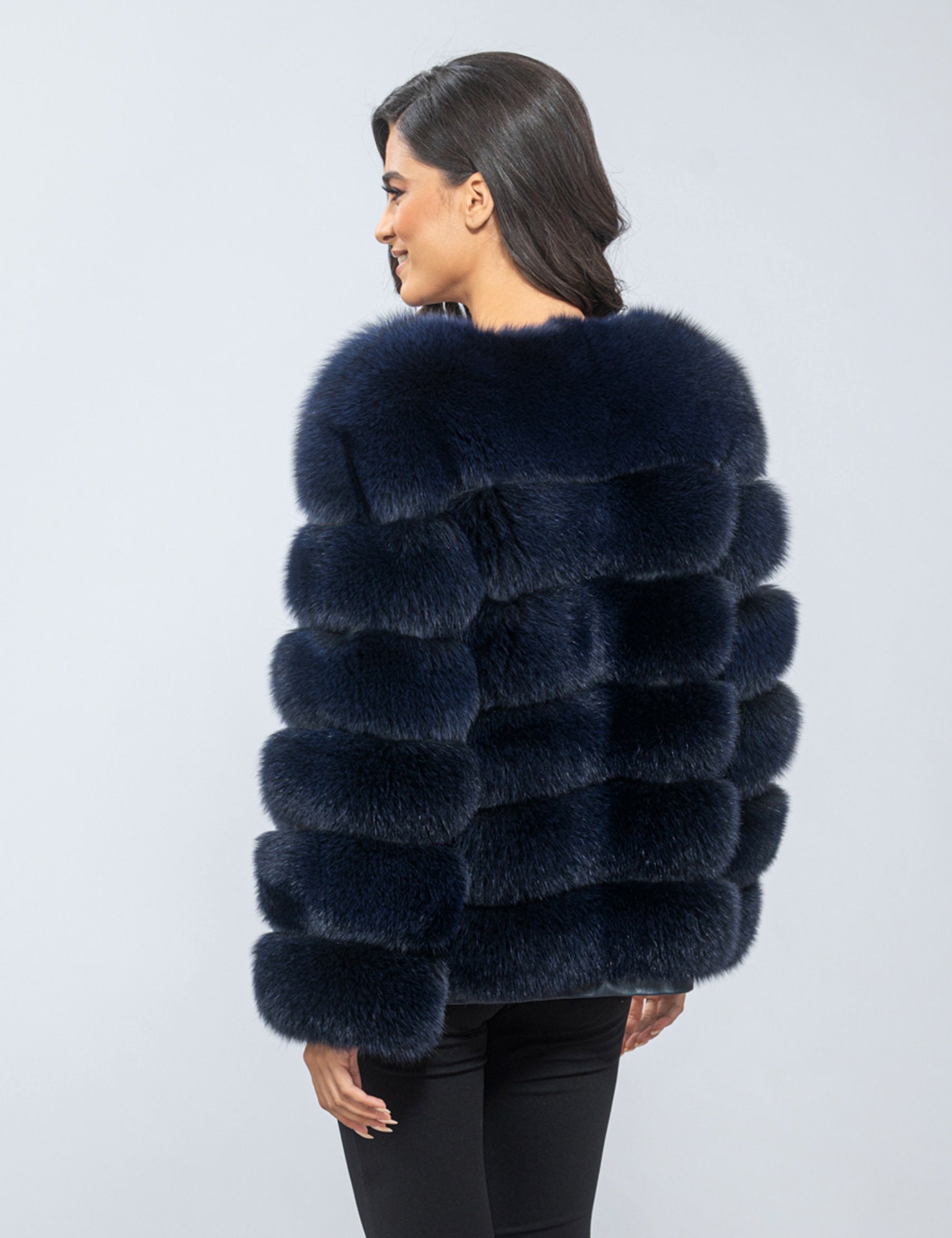30万3Dラウンドネック黒ブルーFOX♡ショートコート Blue - Black Real Fox Fur Jacket, Collarless Fluffy Fox Jacket