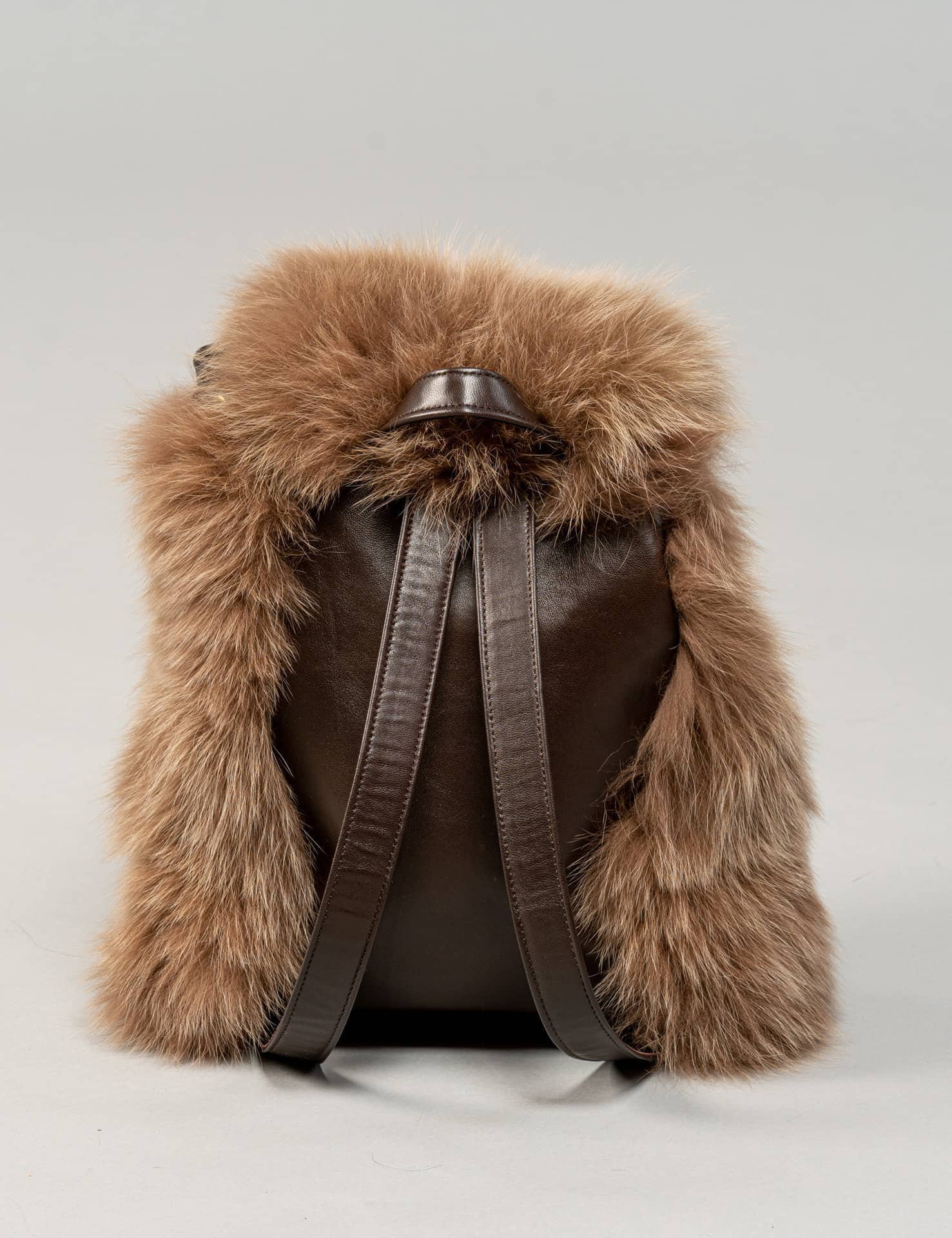 Devilsmood　MUTE BEAST FUR BACKPACK ブラウン Beige-brown Real Fox Fur Backpack With Genuine Brown Leather to