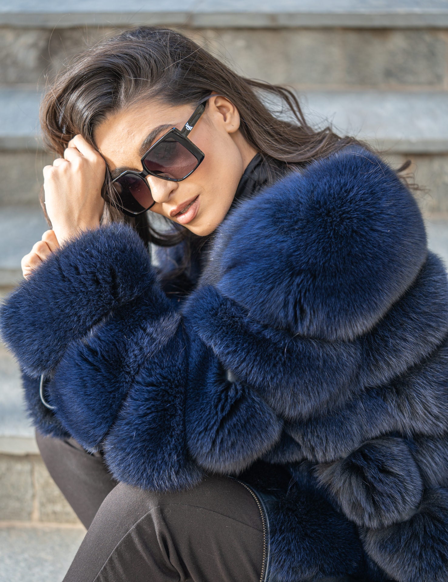 Blue - Black Real Fox Fur Jacket, Collarless Fluffy Fox Jacket