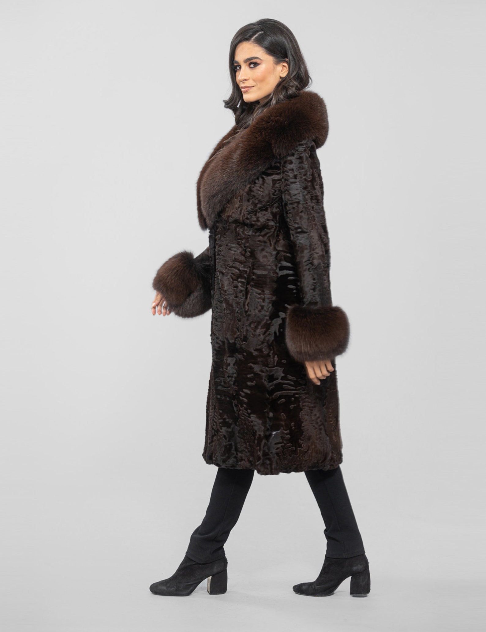 Long Line High Quality Real Astrakhan Fur Coat, Brown Color, Fluffy Fox