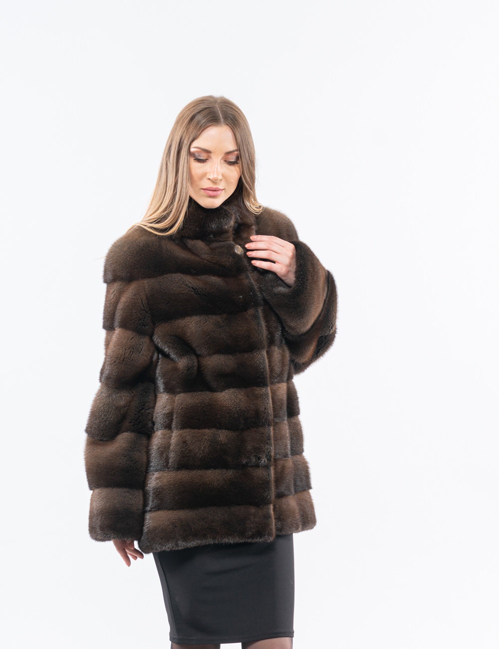 Horizontal Olive - Brown Saga Mink Fur Jacket, High Neck Collar