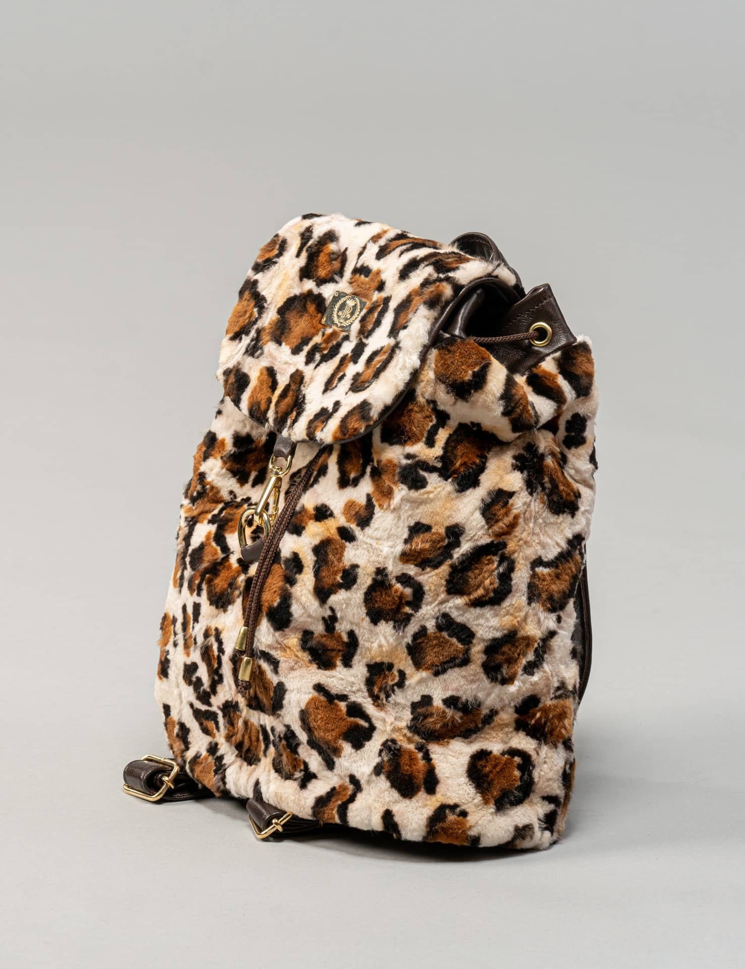 Real Mink Fur Backpack With Animal Print and Genuine Leather 