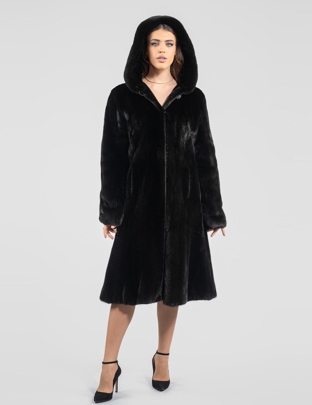 Full Length BLACKGLAMA Real Mink Fur Coat With Hood. Luxury