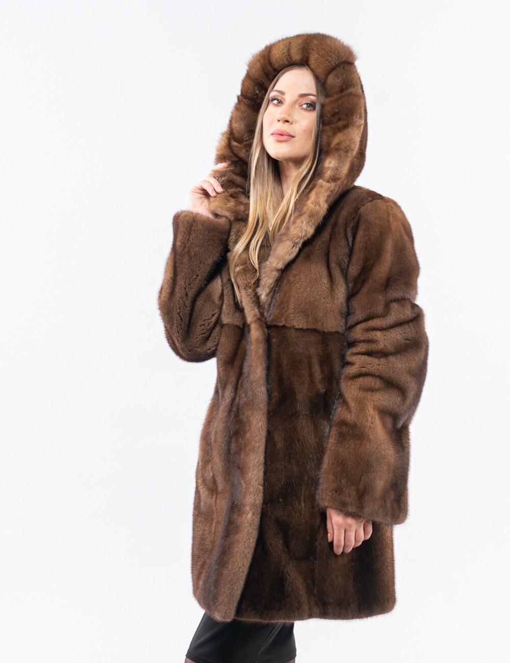 Demi-buff Real Mink Fur Coat With Sable Hood. Winter Coat, Long